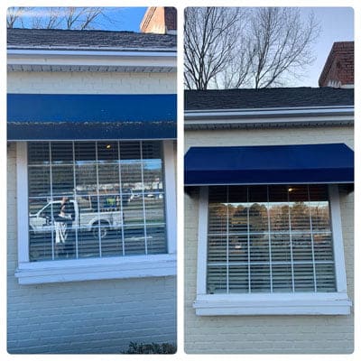 Before and after shots of a storefront in VA Beach VA that received awning cleaning services from LBL Softwash