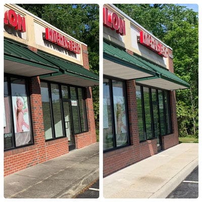 Before and after shots of a storefront in Richmond VA that received exterior commercial cleaning services from LBL Softwash