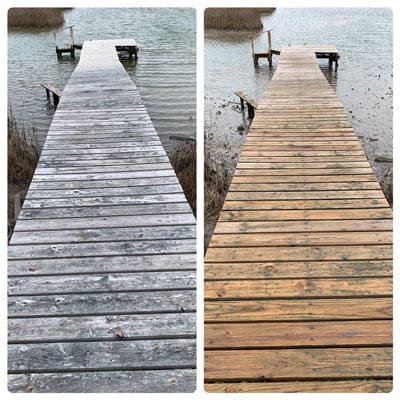 Before and after shots of a fence in Chesapeake VA that received power washing services from LBL Softwash