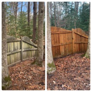 Before and after shots of a fence in Chesapeake VA that received power washing services from LBL Softwash; Fence Cleaning