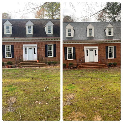 Before and after shots of a roof in Williamsburg VA that received roof cleaning services from LBL Softwash